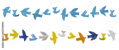 カラフルでテクスチャ入りの鳥のシルエットセット ベクター素材｜筆タッチと飛行ポーズが特徴のデザイン向け素材

