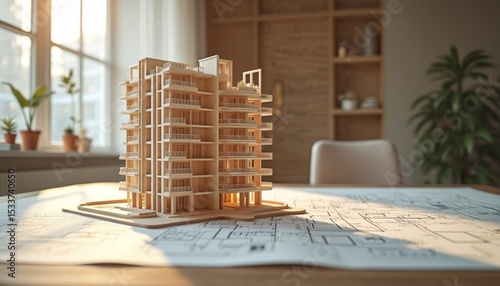 Fototapeta Naklejka Na Ścianę i Meble -  Architectural model modern high-rise apartment building on blueprint. Exterior design interior layout, detailed floor plans. Construction, engineering, real estate, development, urban planning