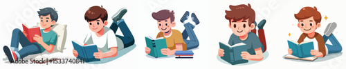 vector of a little boy lying on his stomach reading a book