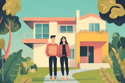 Dream Home: Couple Standing Proudly Before Their New Mid-Century Modern House