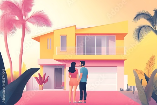 Dream Home: Couple Admiring Modern Beach House Design
