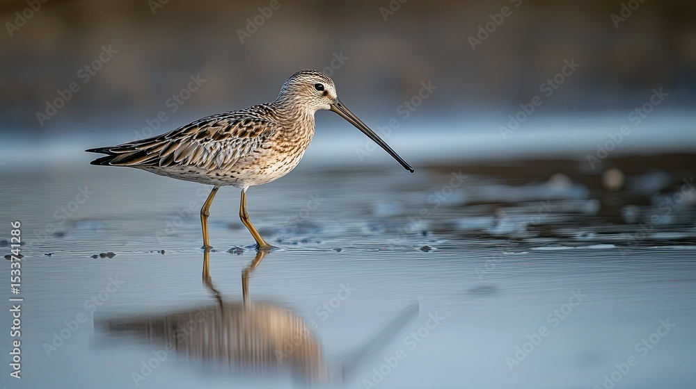 Portrait of a short-billed dowitcher wading in shallow water, reflected in the calm surface Portrait of a short-billed dowitcher wading in shallow water, reflected in the calm surface