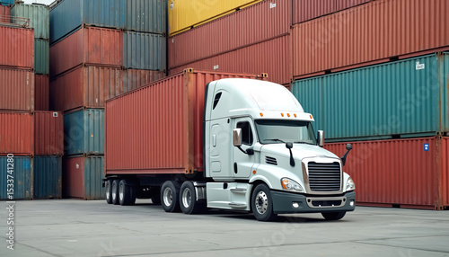 Large truck with trailer near shipping containers. Cargo transport concept. International trade. Logistic, freight industry. Delivery around world. Import export. Global commerce, supply chain.