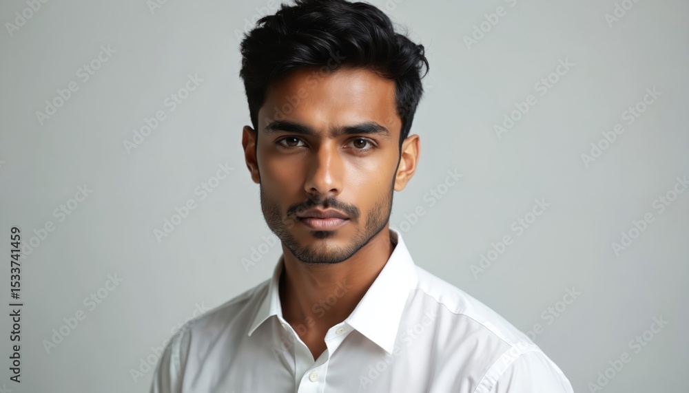 Obraz premium Handsome Indian male model studio portrait on plain white background. Charming guy with dark hair and beard in casual shirt looking at camera. Front view studio shot, fashion, beauty, business theme.