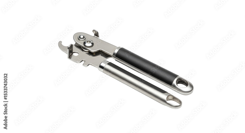 Two kitchen can openers with black and silver handles lying diagonally. Two kitchen can openers with black and silver handles lying diagonally.