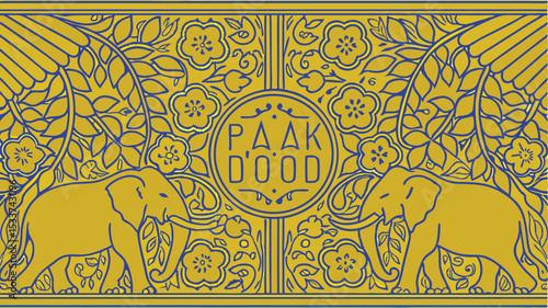 Ornamental design featuring elephants flowers and decorative floral elements on a gold and blue color palette suitable for various design projects and uses.