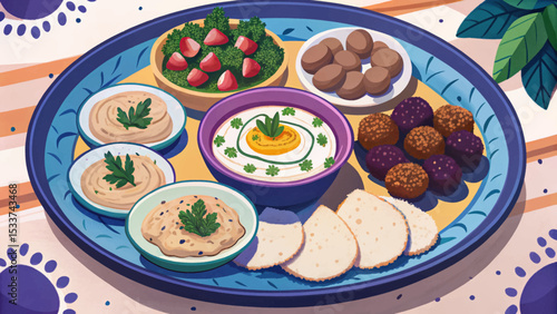 Lebanese mezze platter with hummus, falafel, tabbouleh, pita bread, olives, and vegetables colorful Middle Eastern appetizer assortment for traditional dining