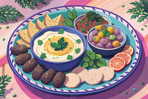 Lebanese mezze platter with hummus, falafel, tabbouleh, pita bread, olives, and vegetables colorful Middle Eastern appetizer assortment for traditional dining