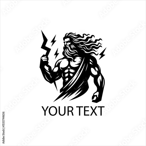 Vector logo of Zeus god holding thunderbolt, powerful mythological figure in black outline, isolated on white background