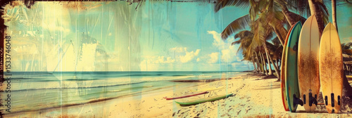 Panorama view of surfboard on tropical beach background. Vintage tone color style. Generative ai