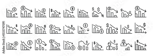 Set of Business Decline and Financial Crisis Icons Showing Market Loss and Economic Downturn in Line Art Style