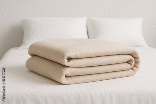 Soft beige blanket neatly folded on a freshly made white bed in a minimal modern bedroom with clean pillows and natural light