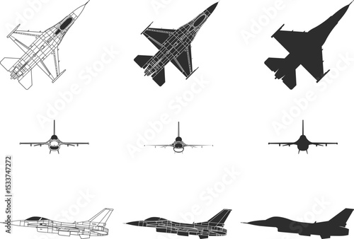 Set of icons of combat aircraft f16, top view, side and front view, f 16 icons line, isolation and silhouette in black color.