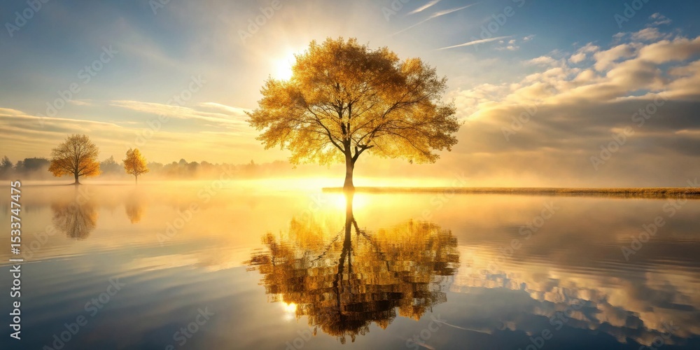 Obraz premium Golden Hour Serenity A lone tree stands majestically in a tranquil lake, its reflection mirroring the breathtaking sunrise