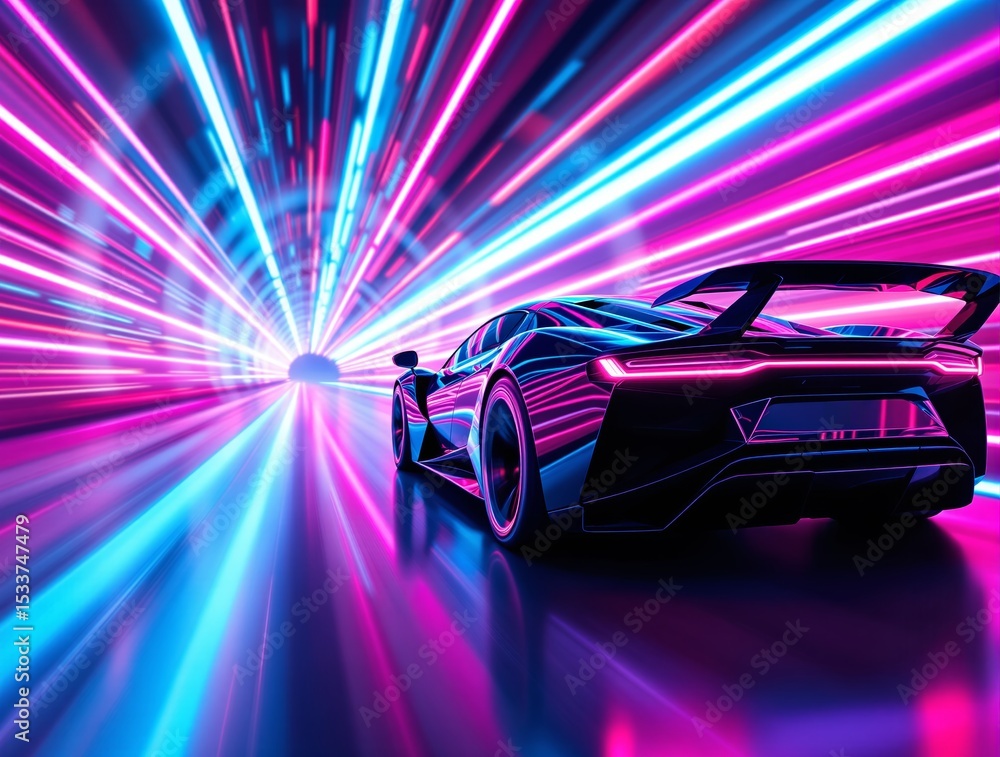 Futuristic sports car speeding through neon-lit tunnel with glowing pink and blue light streaks in motion blur concept of high-speed transport design. Futuristic sports car speeding through neon-lit tunnel with glowing pink and blue light streaks in motion blur concept of high-speed transport design.