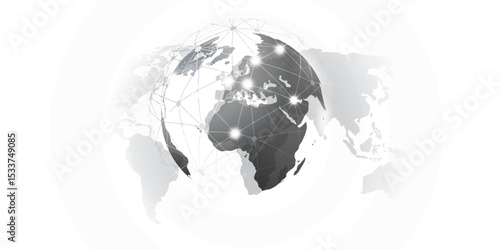 Abstract globe with glowing network points connecting continents over a gray world map background. Modern concept for global communication, data transfer, internet and global technology.