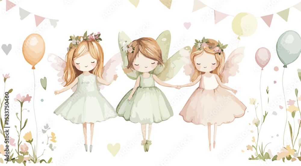 Watercolor Illustration of Three Cute Fairy Girls Holding Hands with Balloons Flowers Hearts and Bunting Flags for a Whimsical and Enchanting Children s Party Decoration Watercolor Illustration of Three Cute Fairy Girls Holding Hands with Balloons Flowers Hearts and Bunting Flags for a Whimsical and Enchanting Children s Party Decoration