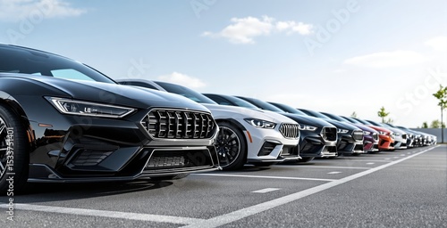 Luxury cars aligned in outdoor parking lot under clear sky showing elegant modern design and transport concept in high-detail photo style.
