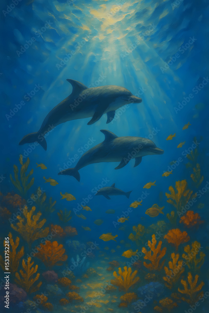 Obraz premium Dolphins Swimming Among Vibrant Coral Reefs