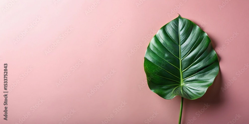 Obraz premium Single Lush Green Leaf on Pale Pink Background