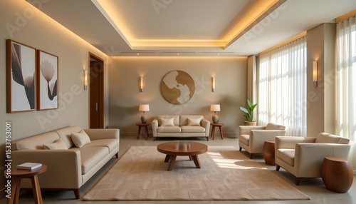 peaceful waiting lounge soft beige tones indirect light wide shot modern spa decor