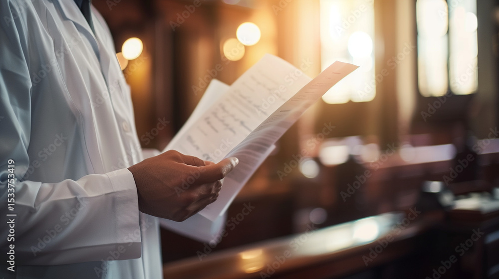 Fototapeta premium Close-Up Portrait of an Anguished Doctor Holding Medical Malpractice Lawsuit Documents with a Blurred Courtroom Background, Symbolizing Healthcare Litigation Stress