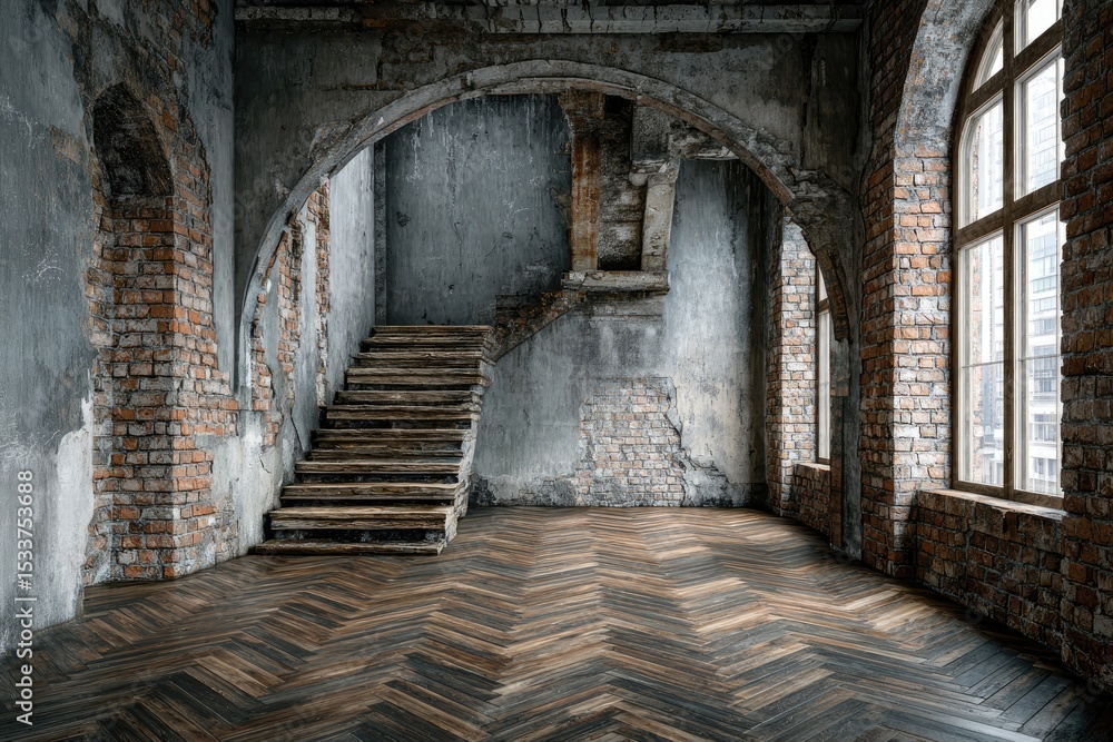 Fototapeta premium Empty, crumbling interior with arched alcoves, wooden stairs, and brick walls