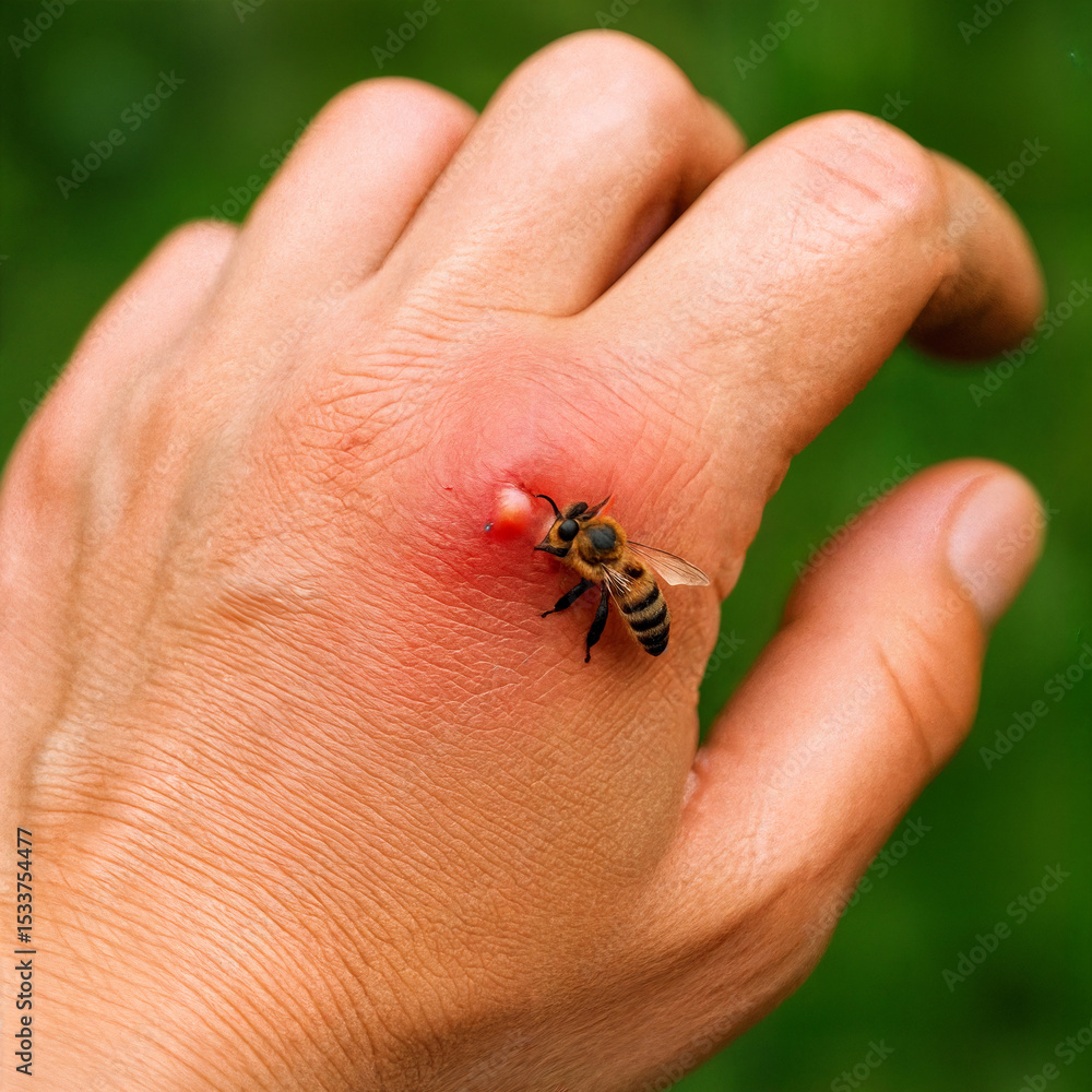 Obraz premium Bee sting close-up on human skin showing allergic reaction with swelling and redness. Perfect for health articles, educational content, and emergency response materials.