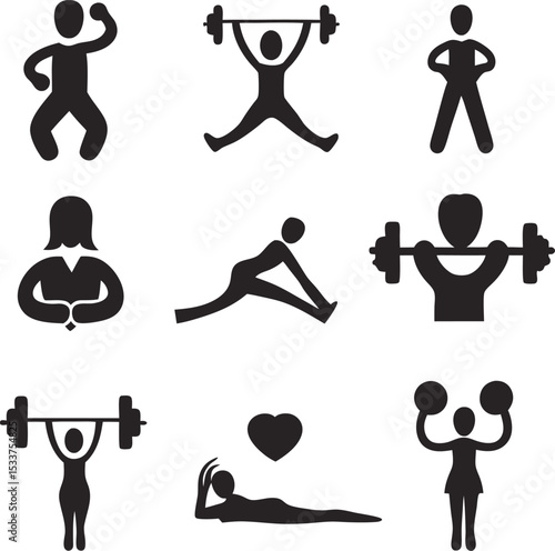 Collection of iconographic silhouettes depicting fitness exercises gym workouts and body wellness concepts