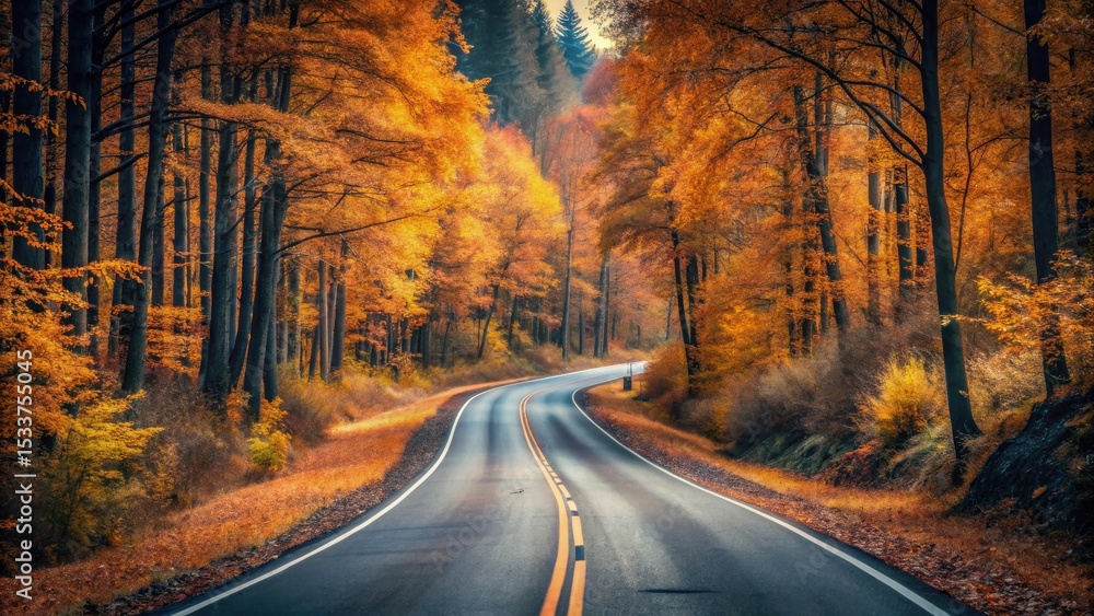 Fototapeta premium Autumnal Road Winding Through a Canopy of Golden Leaves