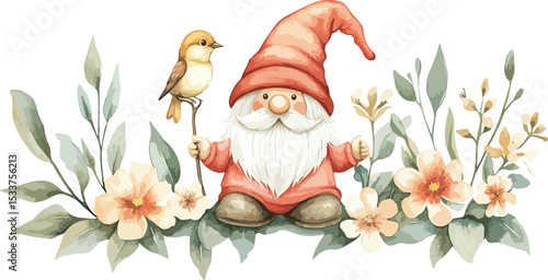 Watercolor Illustration of a Garden Gnome with a Bird and Floral Accents Perfect for Spring and Summer Designs Featuring Delicate Peach and Green Tones on