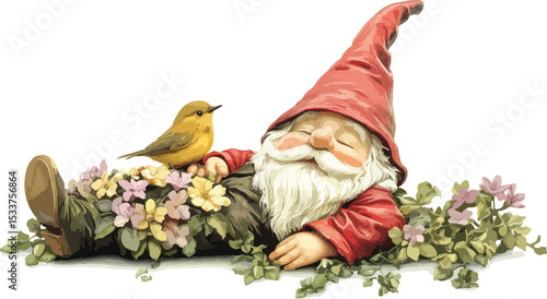 Resting Garden Gnome with Bird in Flower Bed a whimsical vector illustration of a gnome taking a nap with a bird perched on his hand