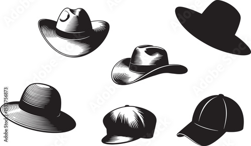 Vintage engraved style hats collection representing different popular hat types on a white background