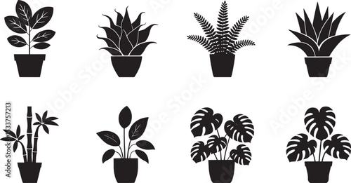 Black and white houseplant icons featuring various potted foliage perfect for design projects
