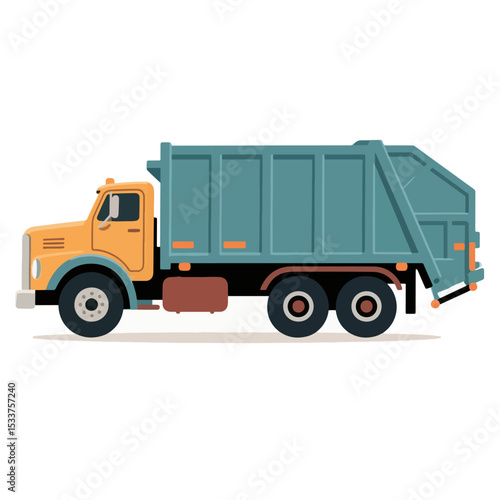Garbage truck vector with orange front and teal back, suitable for eco-friendly transportation concept.