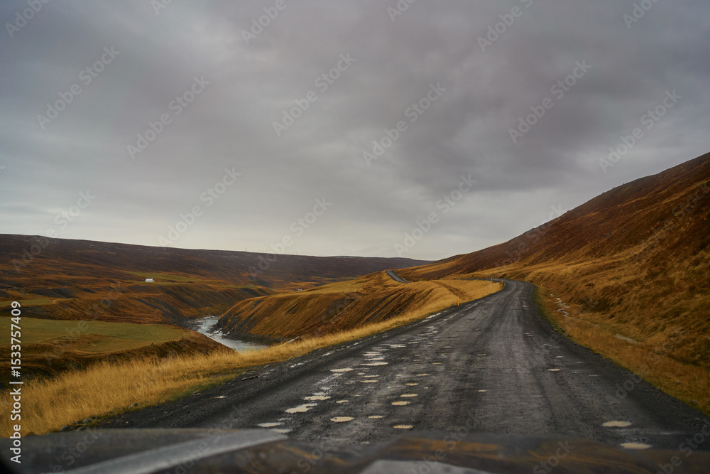 Fototapeta premium Road 923 to Studlagil Canyon, Jokuldalur, East Iceland , autumn and rainy season travel.