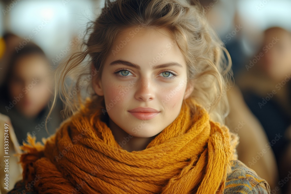 Smiling woman with scarf in busy street shows warmth, charm and everyday beauty Smiling woman with scarf in busy street shows warmth, charm and everyday beauty