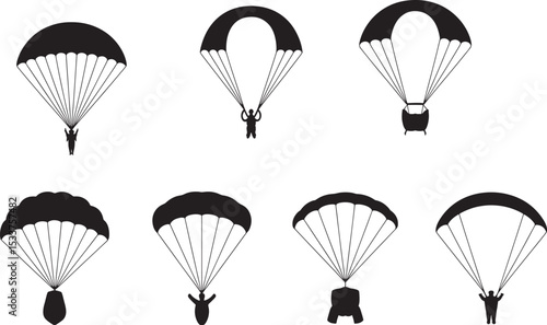 Black and white vector illustration of various skydiving parachute designs in flight