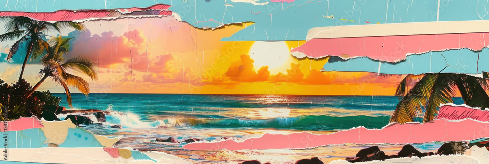 Obraz premium Panorama view of retro tropical beach with pop art abstract background. Generative ai.