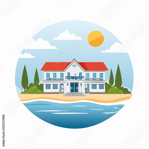 housing on the coast landscaped vector illustration graphic design, resort or residence at seafront