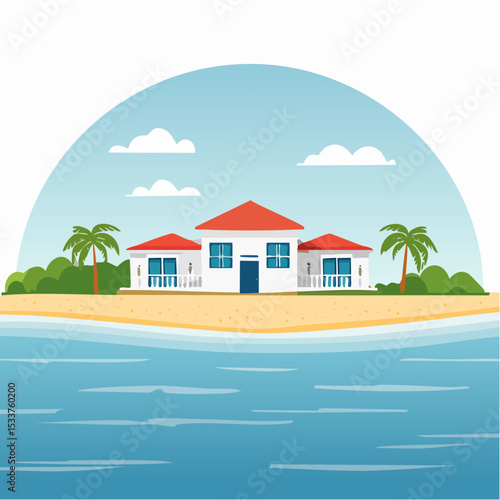 housing on the coast landscaped vector illustration graphic design, resort or residence at seafront