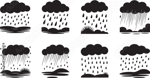 Stylized black and white rain icons depicting various weather scenarios and environments