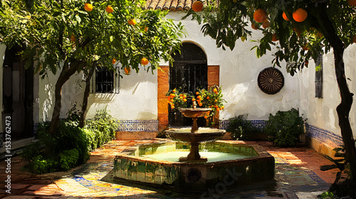 Fototapeta Naklejka Na Ścianę i Meble -  Courtyard Fountain Spanish Tiles Oran 3251576C B0B0