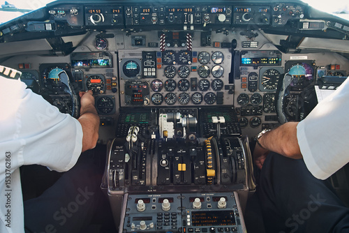 Pilots operating aircraft controls inside cockpit during flight