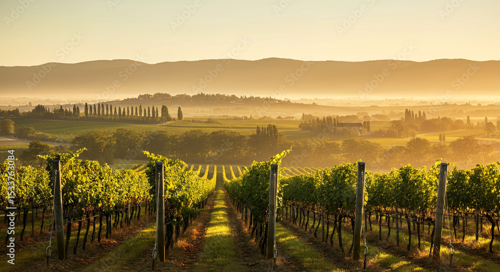 Fototapeta premium Lush vineyard landscape at sunrise, showcasing rows of grapevines stretching towards distant hills, bathed in warm golden light, creating a serene and picturesque rural scene