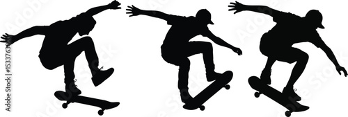Skateboarder Trick Action Sequence Silhouette Design, Transparent Background.