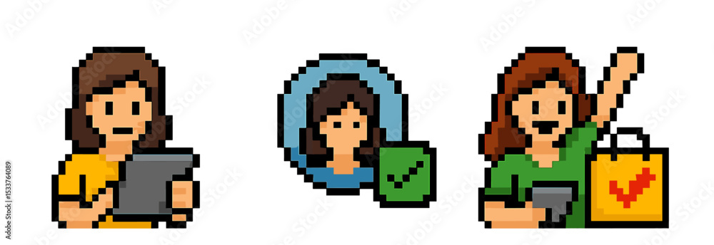 Fototapeta premium Pixel art women with tablet and shopping bags