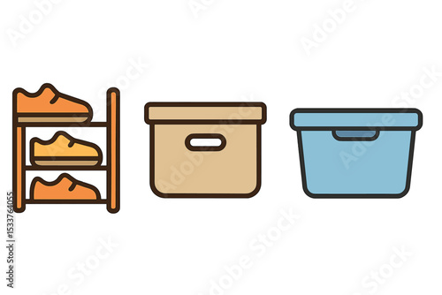 Colorful storage solutions: shoe rack, box, and bin illustrations