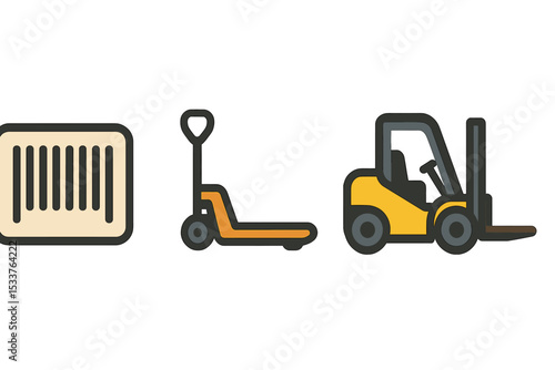 Barcode and warehouse equipment icons including pallet jack and forklift