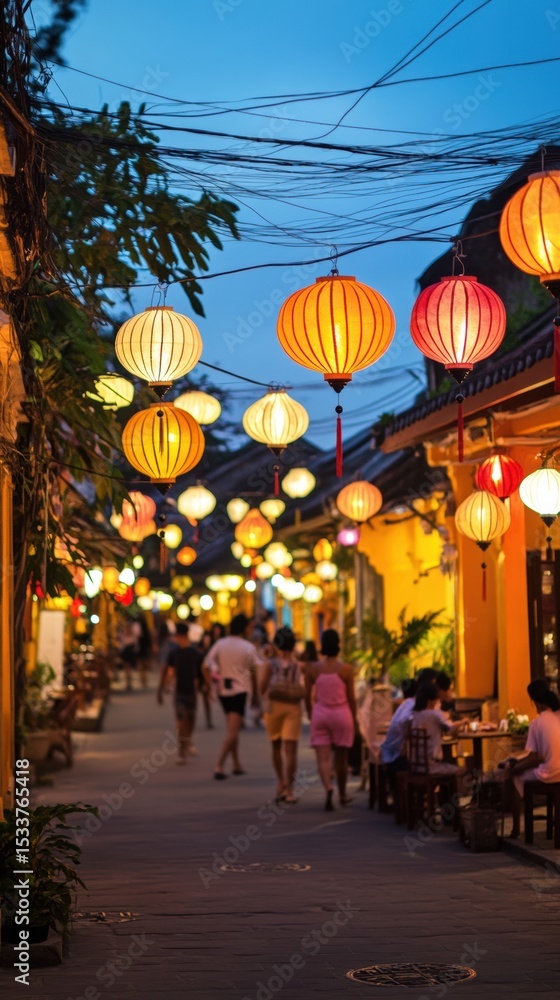 Fototapeta premium Enchanting Night Scene in Hoi An Ancient Town: Illuminated Street with Lanterns and People